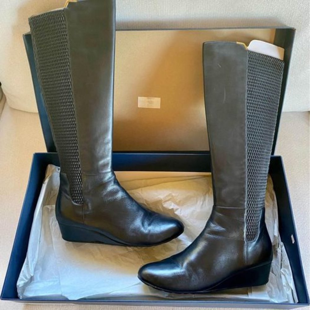 Women's Cole Haan Black Leather Wedge Knee High Boots Size 10